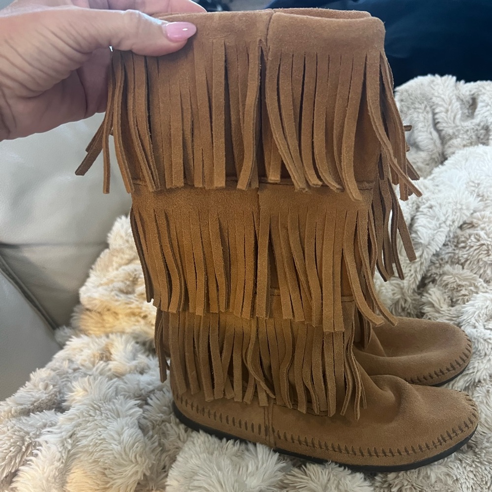 Minnetonka Suede Fringe Knee Boots - Tan